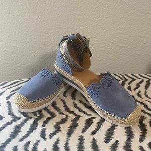 Blue Suede Espadrilles with snake ankle straps size 6 1/2